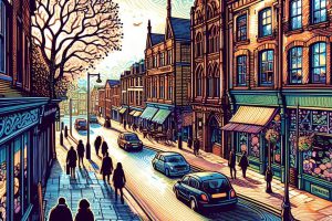 die shefshire lane an einem sonnigen nachmittag . passanten laufen auf dem gehweg. holzschnitt fanta 2