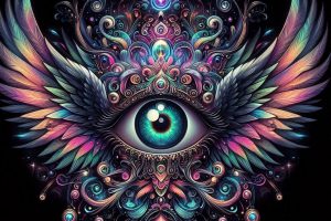 ein magisches auge mit fluegeln auf schwarzem hintergrund . fantasy psychodelisch 1