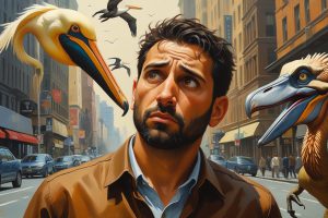 ein mann namens fabrizi an dem auf der strasse die verwirrtheit vorbeilaeuft famtasy. pelicane und dinosaurier. oelgemoelde