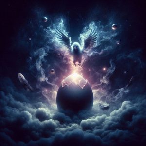 Surreales psychedelisches Albumcover mit dem Titel „Die Henne oder das Ei. Dunkle geheimnisvolle 1