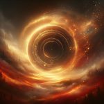 Cinematic ambient album cover. Ein endloser Kreis aus warmem Gold Orange und tiefem Rot schwebt uebe 2