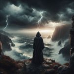 eine vermummte gestalt steht am rand einer klippe und schaut hinaus aufs meer duestere stimmung e 2