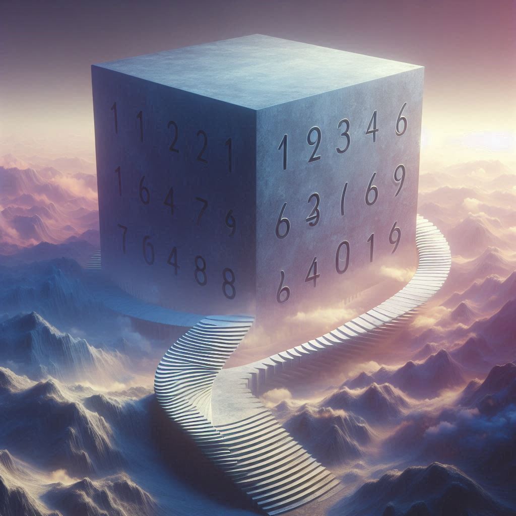 surreale szene ein wuerfel ohne zahlen in der mitte eine ttrepe die im nichts endet