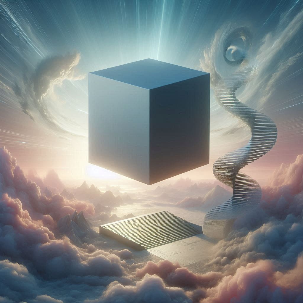 surreale szene ein wuerfel ohne zahlen in der mitte eine ttrepe die im nichts endet 1