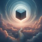 surreale szene ein wuerfel ohne zahlen in der mitte eine ttrepe die im nichts endet 2