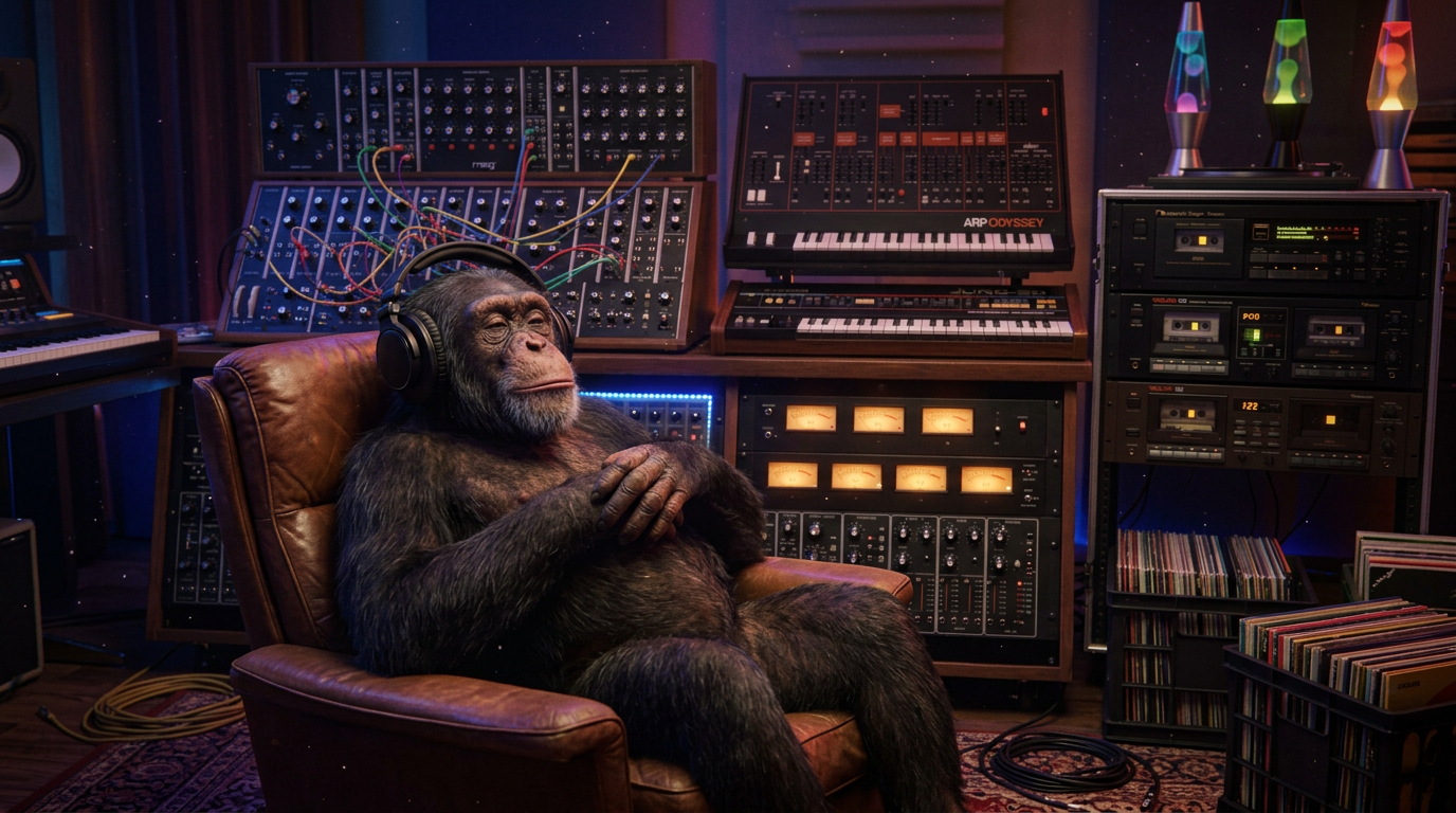 Firefly Gemini Flash The same chimpanzee wearing headphones relaxing in a cozy retro music studio filled w 777158